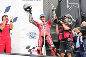 Bagnaia celebrates after winning in Misano