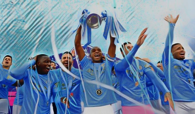 Manchester City lift the Premier League trophy