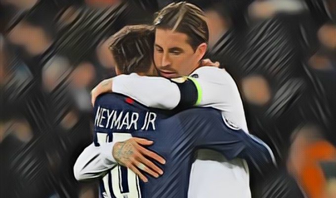 Sergio Ramos hugs Neymar after PSG and Real Madrid's Champions League match in 2019