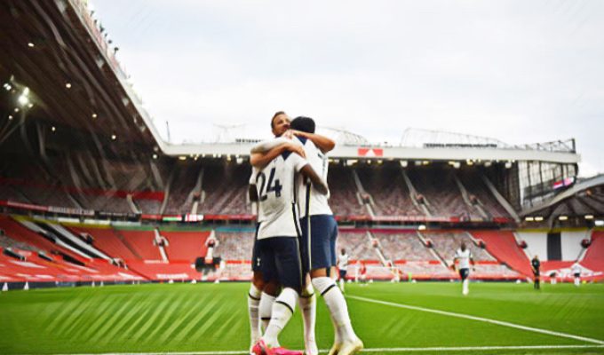 Tottenham celebrate their fourth goal in their 6-1 win at Old Trafford last season